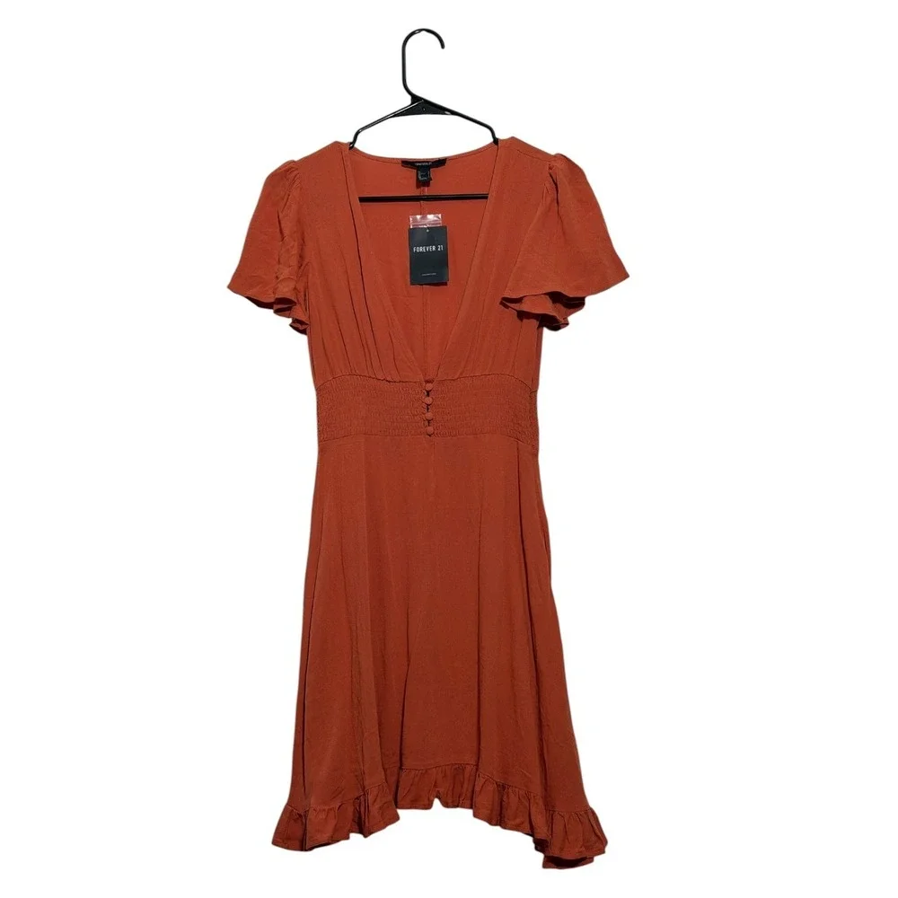 Forever21 Boho Mini Sun Dress Flutter Sleeve Smocked Waist Orange Size Small NWT - Picture 2 of 8